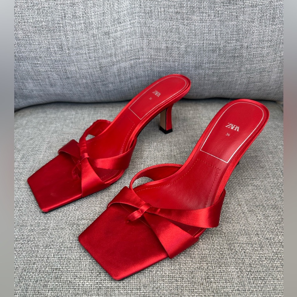 Zara Scarlet Satin Heels - Picture 3 of 7